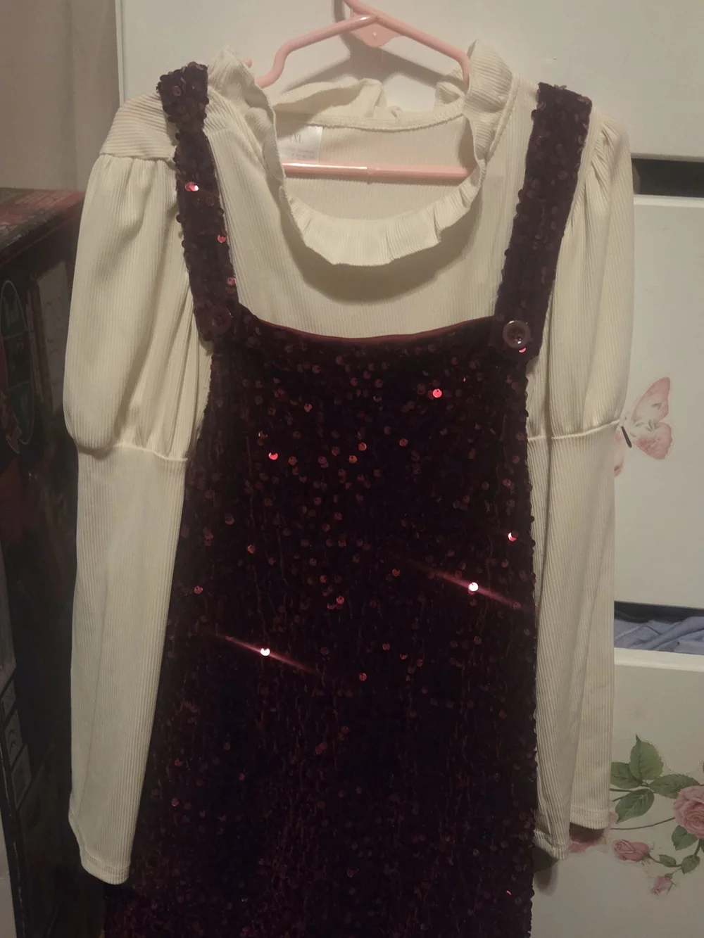 Girls' Burgundy Sequin Pinafore Dress with Cream Blouse